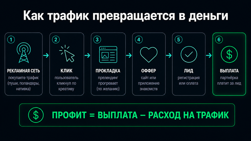 Инфографика «Как трафик превращается в деньги». Схема воронки арбитража трафика на дейтинг: рекламная сеть → клик → прокладка → оффер → лид → выплата | GoAff