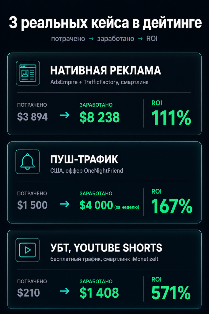 Инфографика «3 реальных кейса в дейтинге»: нативная реклама через AdsEmpire и TrafficFactory, пуш-трафик на оффер OneNightFriend в США и УБТ через YouTube Shorts со смартлинком iMonetizeIt | GoAff