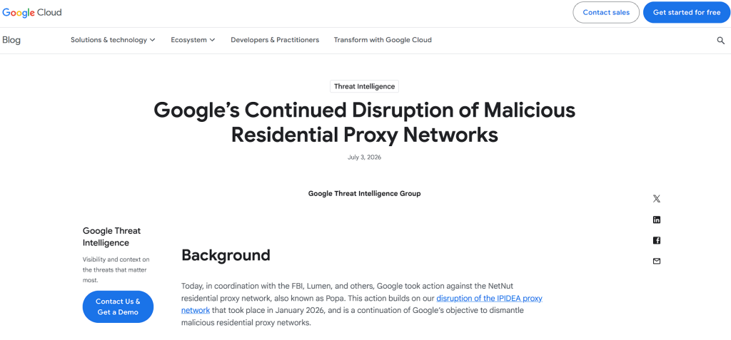 Заголовок отчёта Google о ликвидации резидентской прокси-сети IPIDEA - GoAff