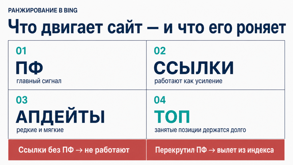 Сравнение факторов ранжирования Google, Яндекса и Bing в таблице