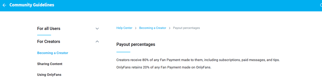 Страница справочного центра OnlyFans с распределением дохода 80/20